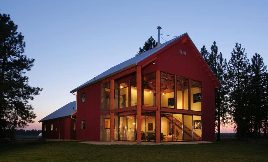 lighted red pole barn house